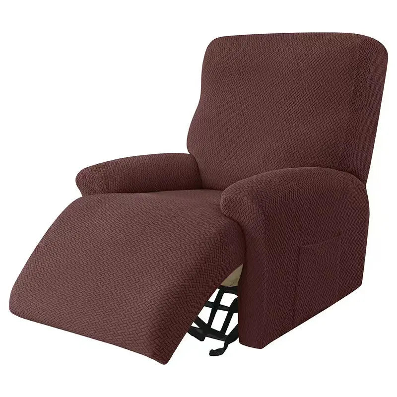 Recliner Chair Cover Stretch Fit MARCELA Long Grid Deep Coffee-Four Pieces For One Person