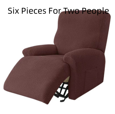 Recliner Chair Cover Stretch Fit MARCELA Long Grid Deep Coffee-Six Pieces For Two People
