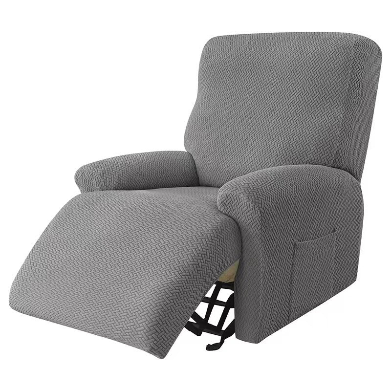 Recliner Chair Cover Stretch Fit MARCELA Long Grid Light Gray-Four Pieces For One Person