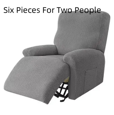 Recliner Chair Cover Stretch Fit MARCELA Long Grid Light Gray-Six Pieces For Two People