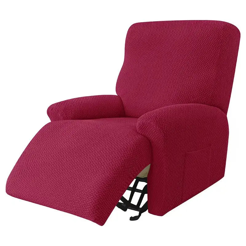 Recliner Chair Cover Stretch Fit MARCELA Long Grid Wine Red-Four Pieces For One Person