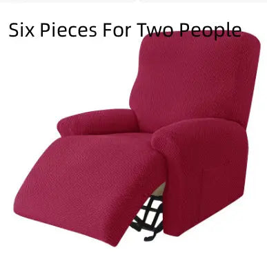 Recliner Chair Cover Stretch Fit MARCELA Long Grid Wine Red-Six Pieces For Two People