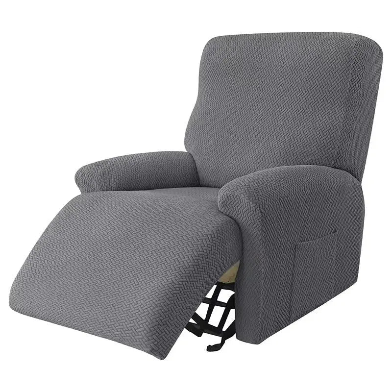 Recliner Chair Cover Stretch Fit MARCELA Long Plaid Dark Gray-Four Pieces For One Person