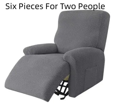 Recliner Chair Cover Stretch Fit MARCELA Long Plaid Dark Gray-Six Pieces For Two People