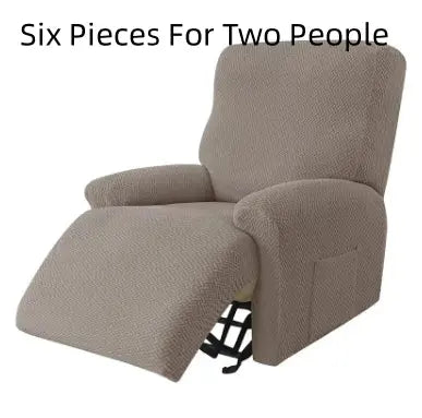 Recliner Chair Cover Stretch Fit MARCELA Long Plaid Grayish Brown-Six Pieces For Two People