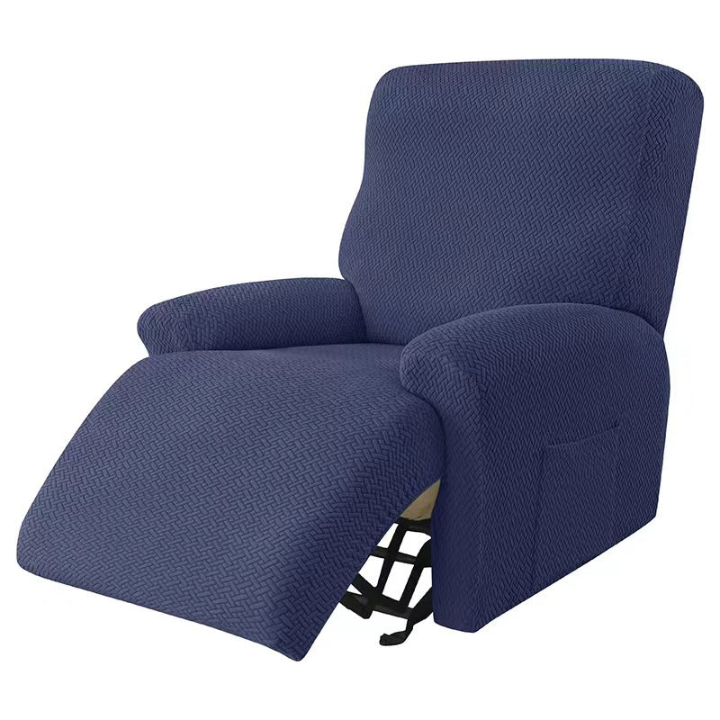 Recliner Chair Cover Stretch Fit MARCELA Long Plaid Style In Navy Blue-Four Pieces For One Person