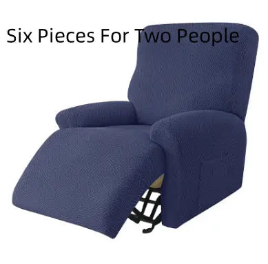 Recliner Chair Cover Stretch Fit MARCELA Long Plaid Style In Navy Blue-Six Pieces For Two People
