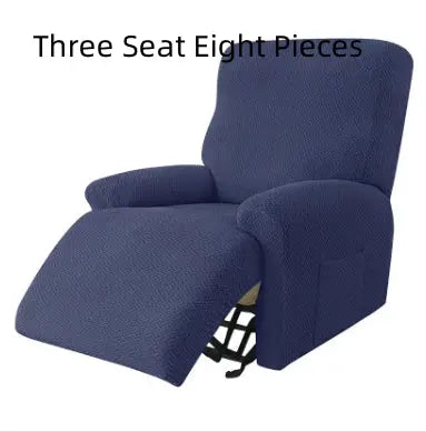 Recliner Chair Cover Stretch Fit MARCELA Long Plaid Style In Navy Blue-Three Seat Eight Pieces