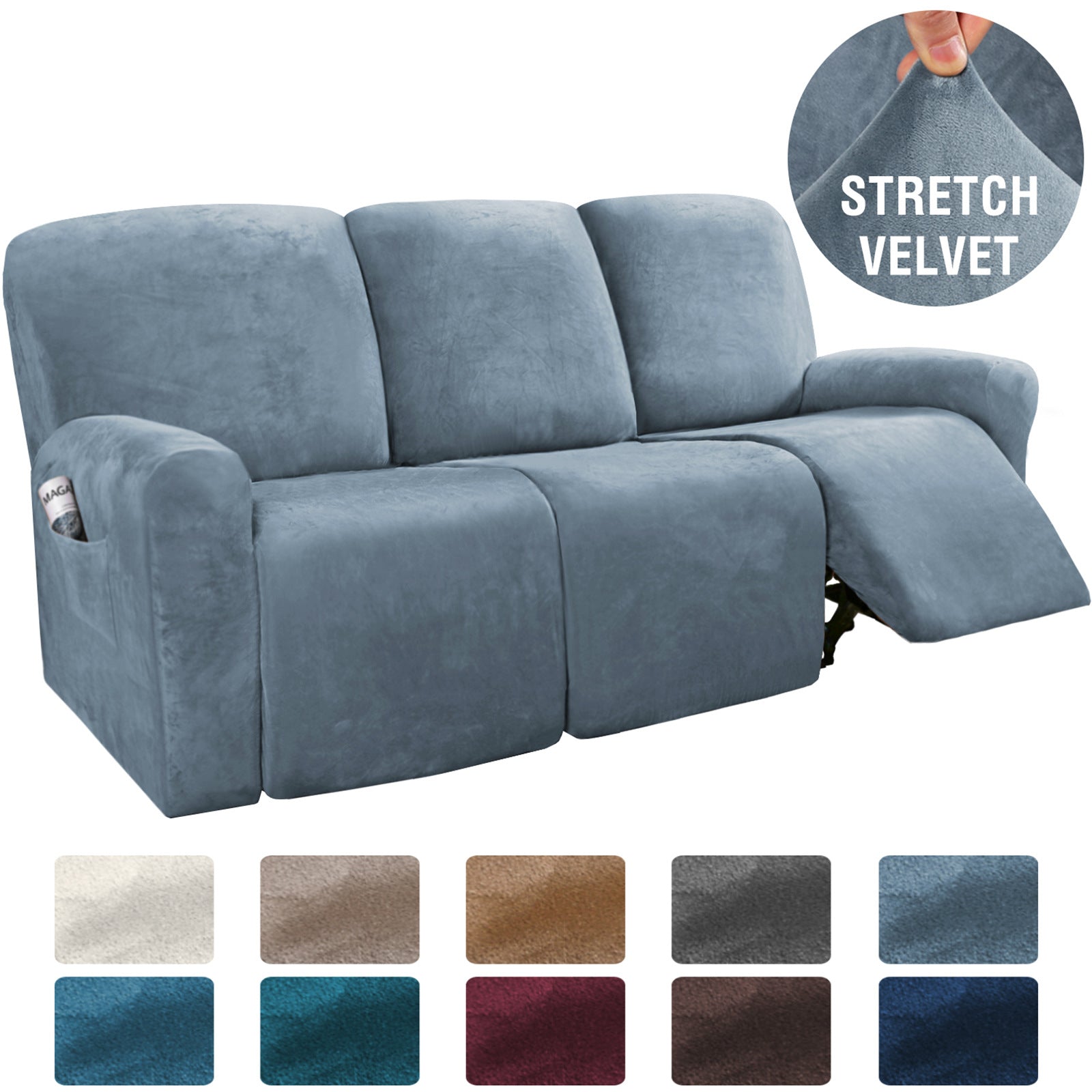Recliner Sofa Cover Stretchable Velours CAMBRAI Split recliner for three perso-Gray blue