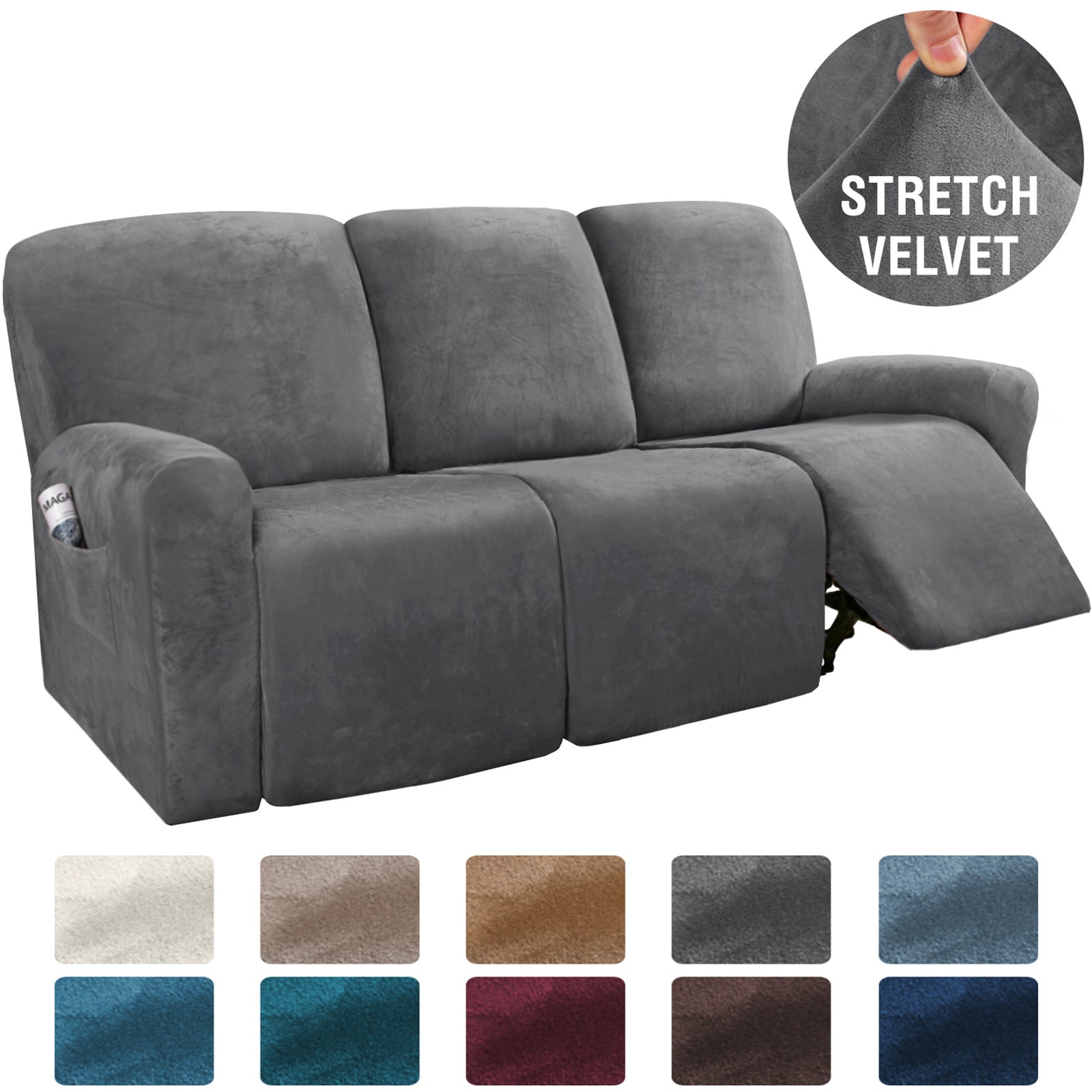 Recliner Sofa Cover Stretchable Velours CAMBRAI Split recliner for three perso-Gray