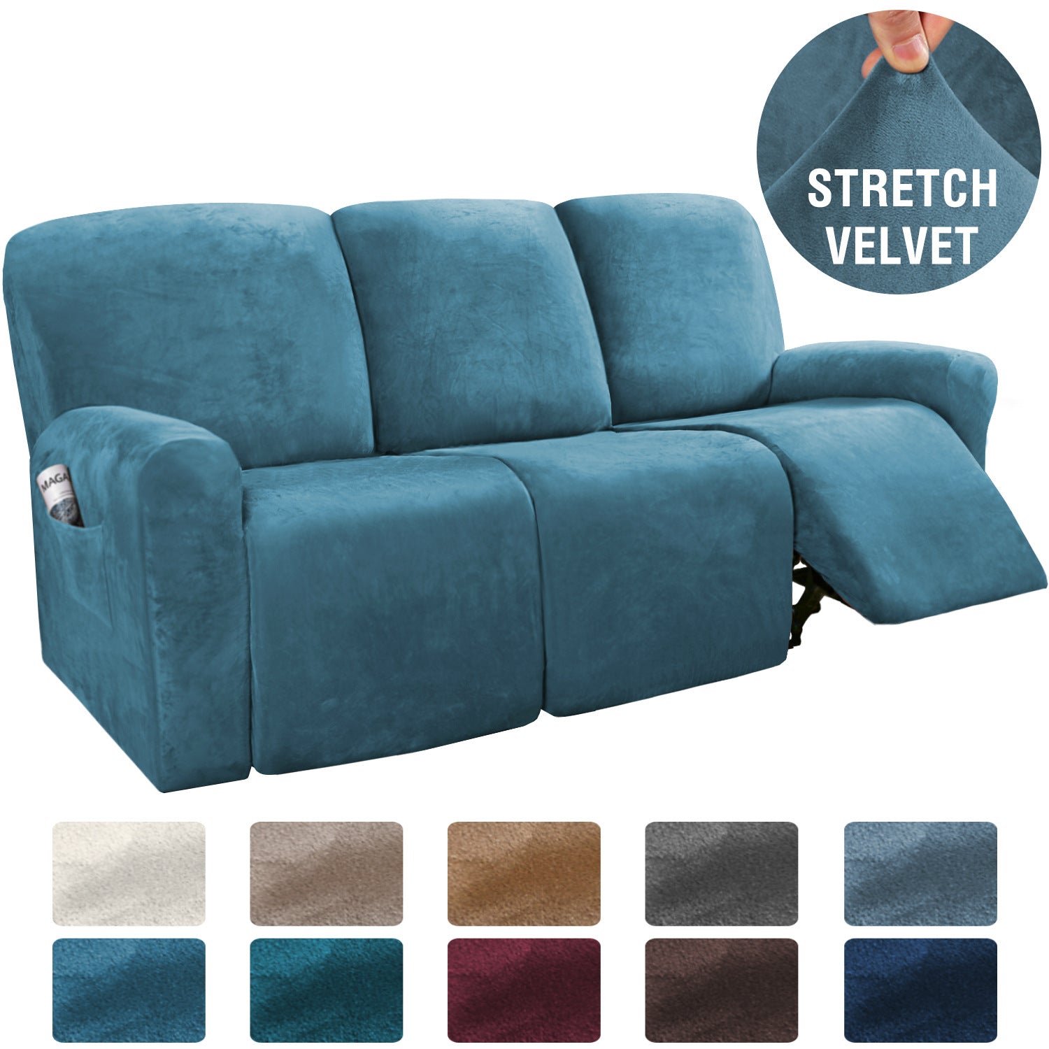 Recliner Sofa Cover Stretchable Velours CAMBRAI Split recliner for three perso-Peacock blue