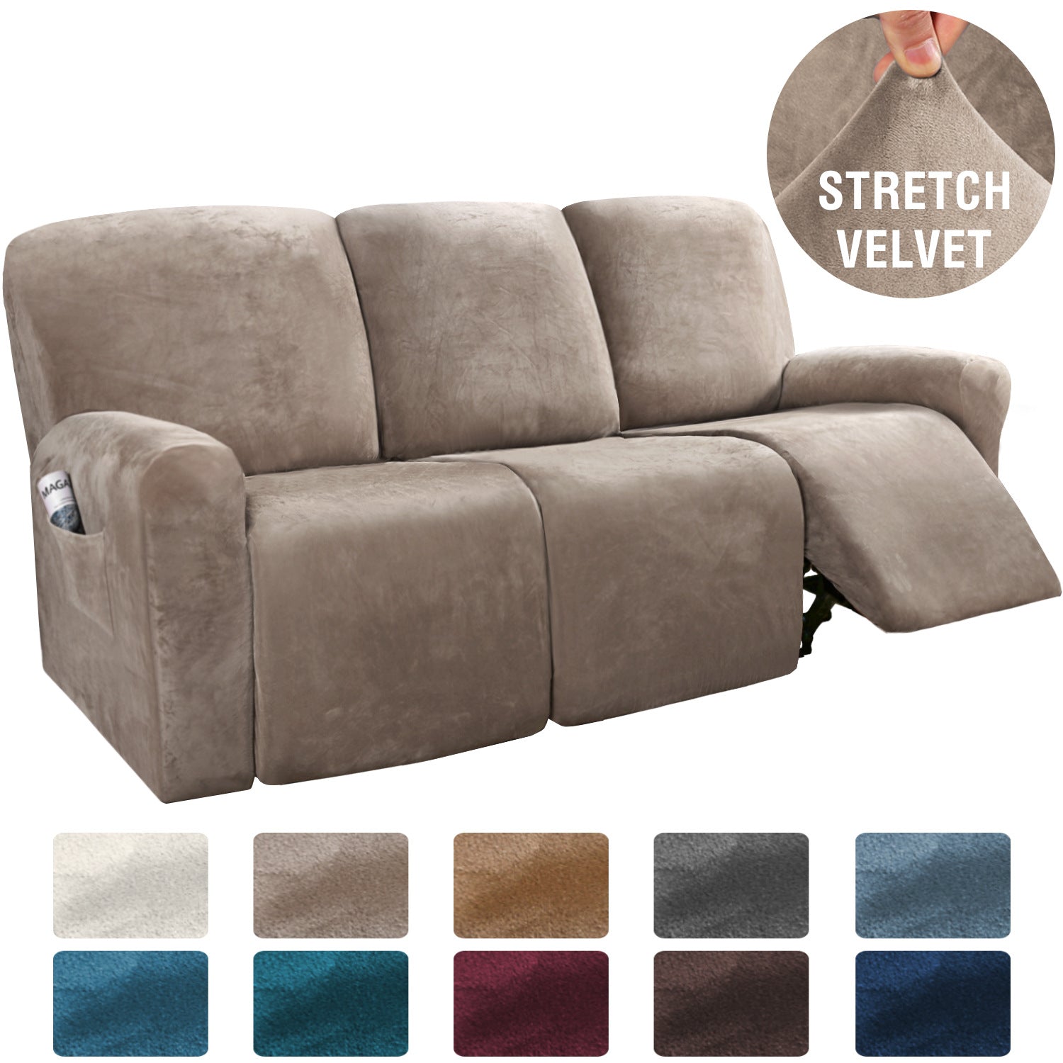 Recliner Sofa Cover Stretchable Velours CAMBRAI Split recliner for three perso-Taupe