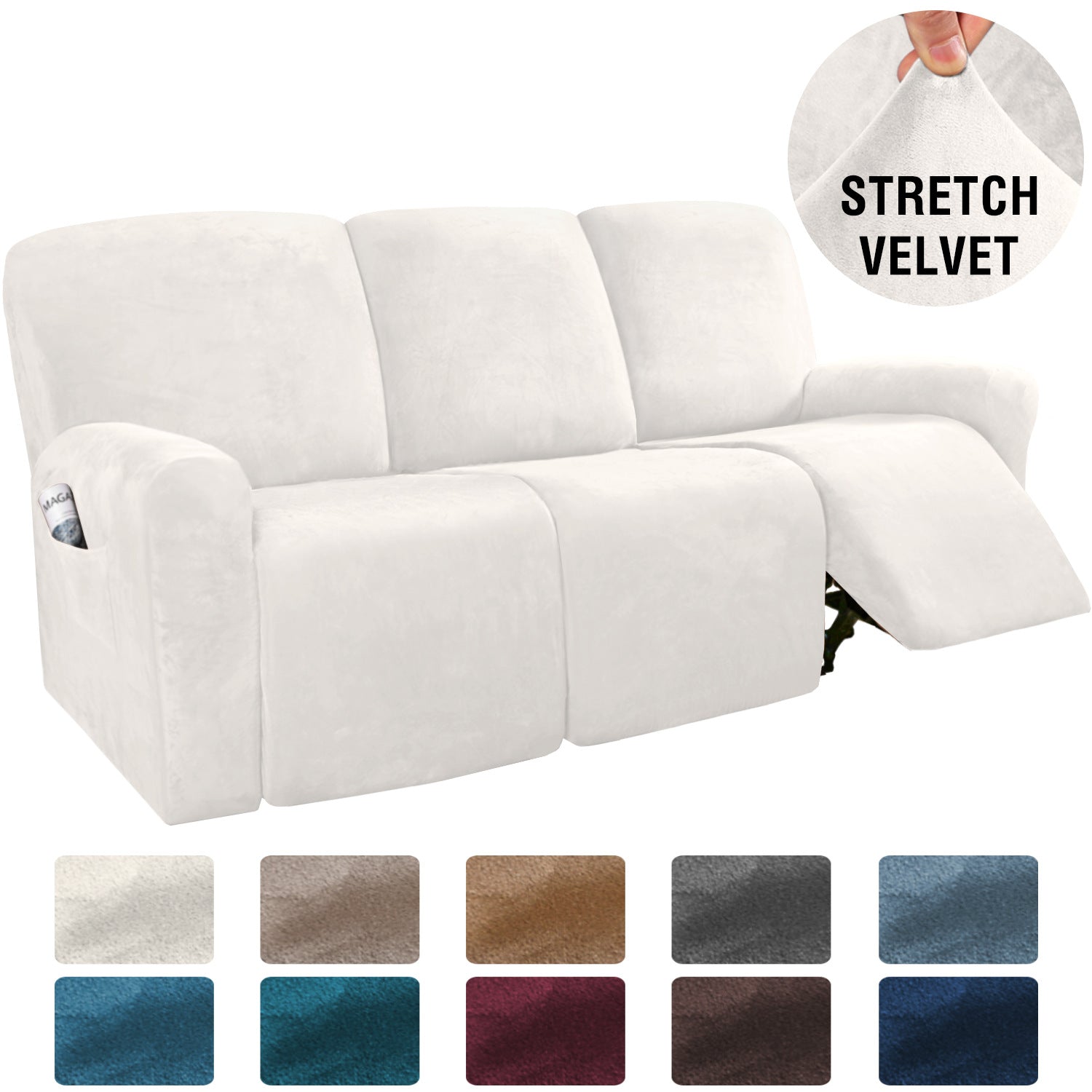 Recliner Sofa Cover Stretchable Velours CAMBRAI Split recliner for three perso-White