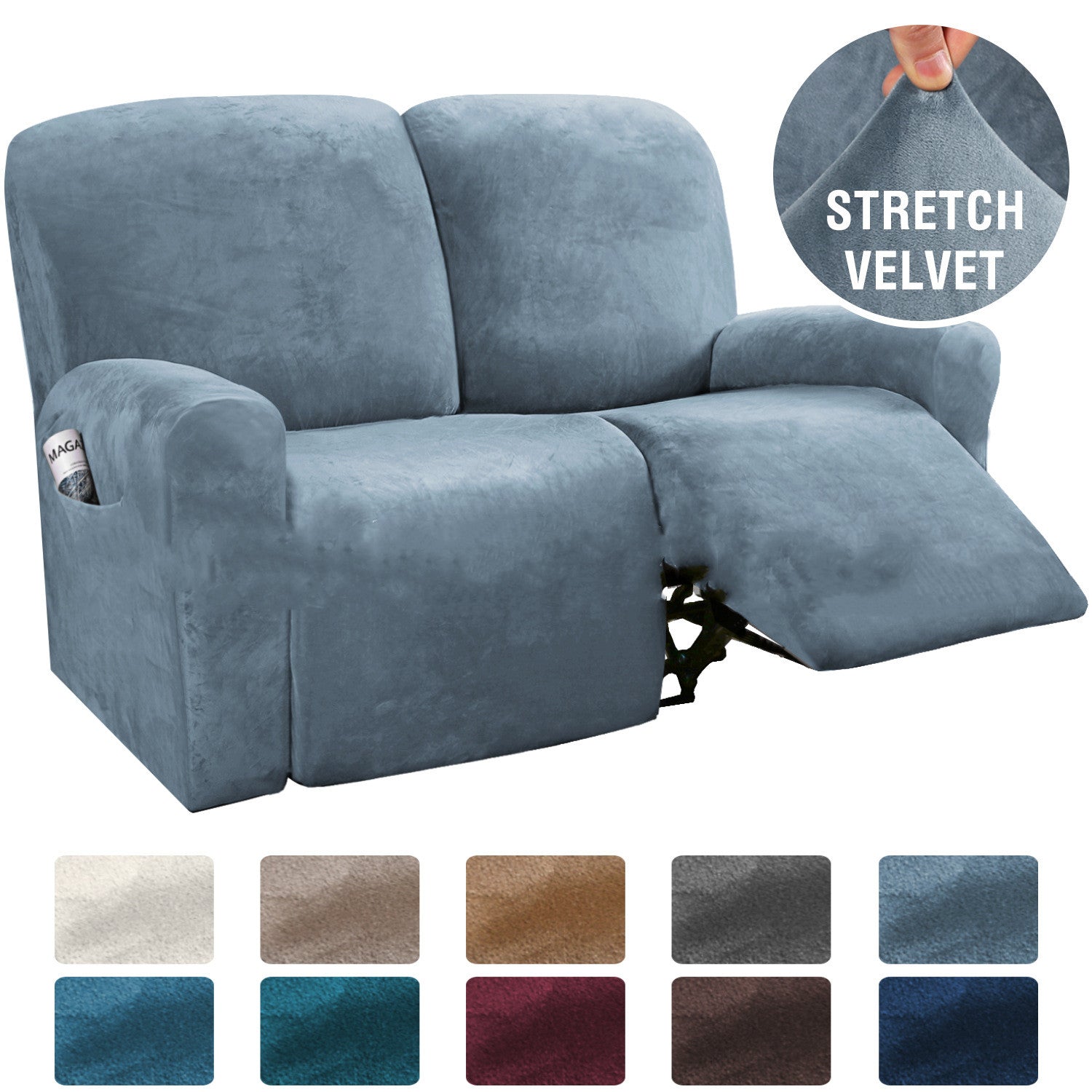 Recliner Sofa Cover Stretchable Velours CAMBRAI Split recliner for two people-Gray blue