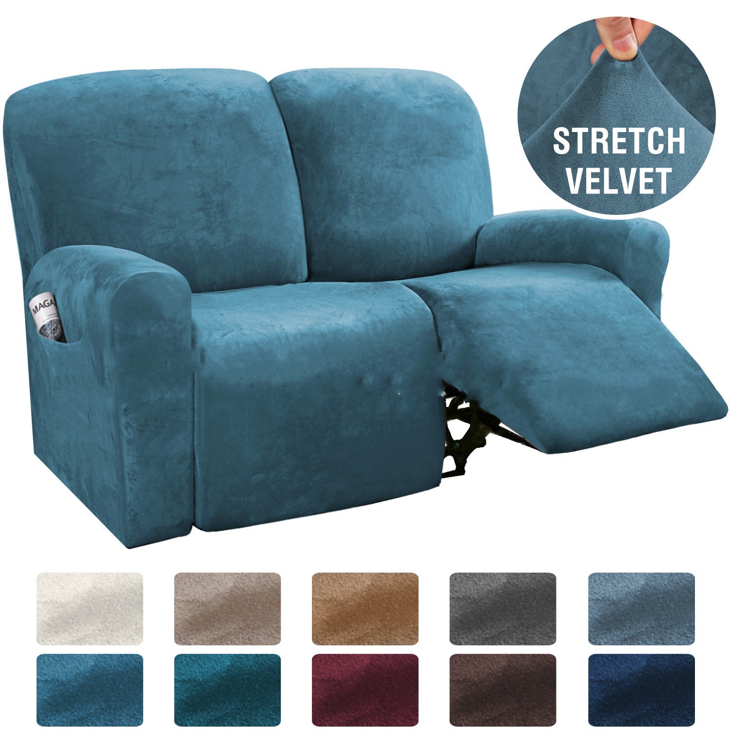 Recliner Sofa Cover Stretchable Velours CAMBRAI Split recliner for two people-Peacock blue