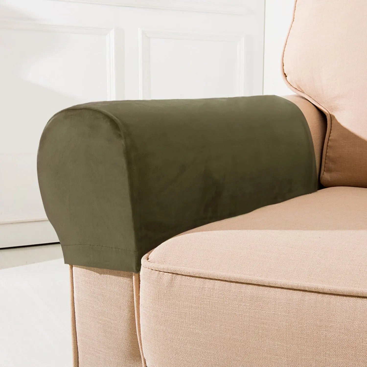 Sofa Armrest Cover Velvet Stretchable LUNÉRA Brown-Small 2pcs set