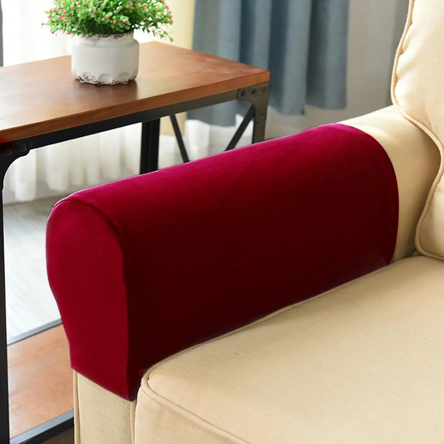 Sofa Armrest Cover Velvet Stretchable LUNÉRA Wine Red-Small 2pcs set