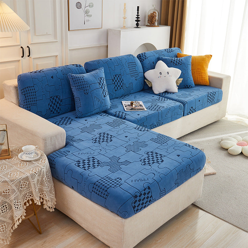 Sofa Cushion Cover Stretch Velvet CELINE Jigsaw Norwegian Blue-M