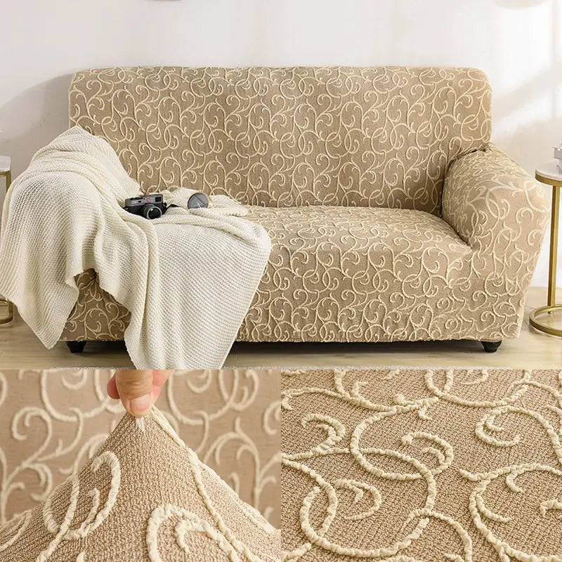 Stretch Sofa Covers Embossed Non-Slip Couvrelle Relief Beige-235to310cm