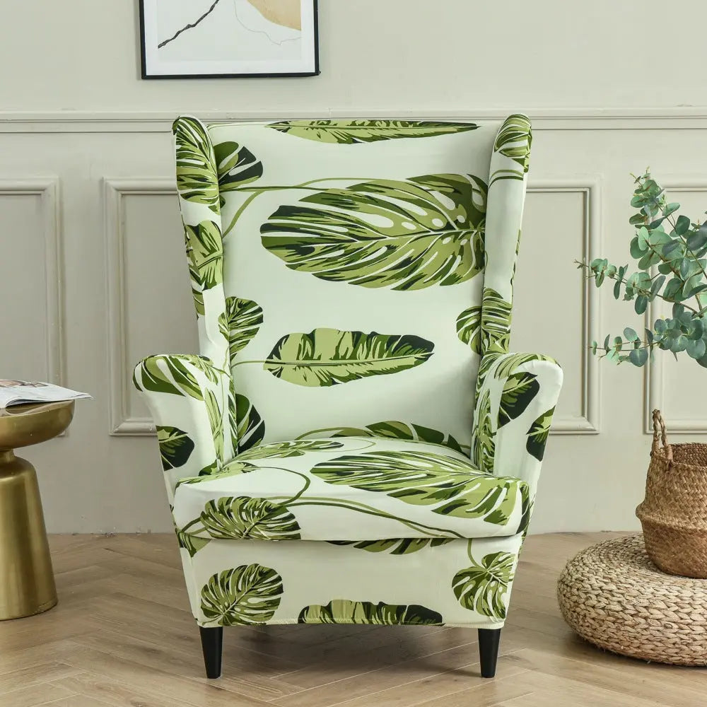 Wingback Slipcover Stretchable Pet-Friendly LUMIERA Green leaves